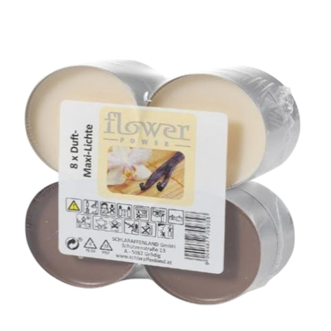 Acht cremefarbene duft-maxi-teelichter mit blumenduft im klaren kunststoffverpackungsset