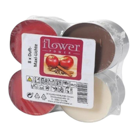 Pack mit acht flower power duft-maxi-teelichtern in rot, braun und beige für stimmungsvolle beleuchtung