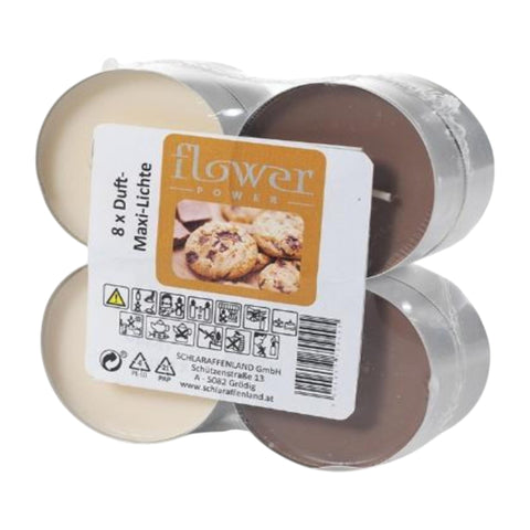 Ein 8er set duft-maxi-teelichter von flower power mit cremefarbenem und schokoladenbraunem wachs in klaren behältern