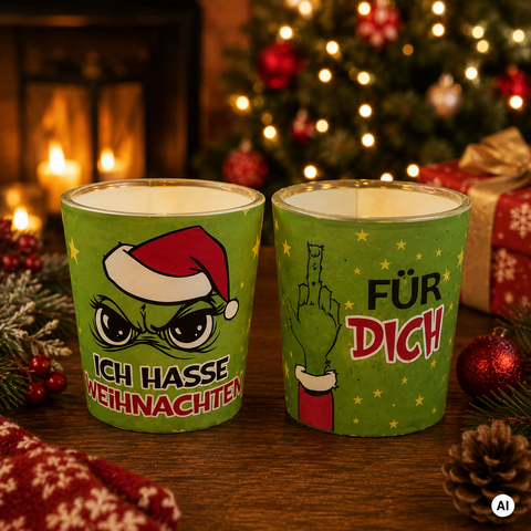 Duftkerze im glas 5x6cm 45g zwei grün ceramic shotgläser mit grinch design festlichem text und sternmustern