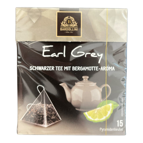 Schwarze und goldene bardolini earl grey tee verpackung mit dreieckigem pyramidenförmigem teebeutel 22,5 g