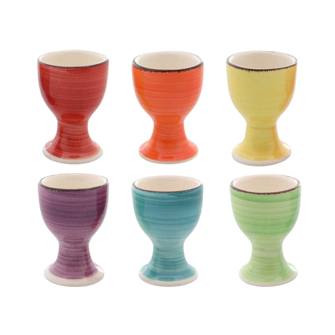 Set aus sechs bunten keramik eierbechern mit strukturierter handbemalung und weißen rand 5x7cm