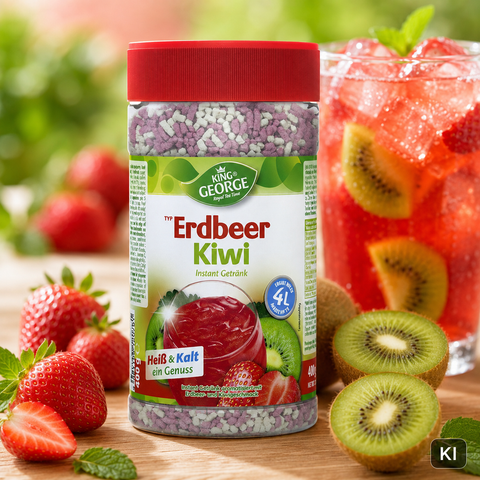 Ein klarer plastikbehälter mit rotem deckel und lila weißen erdbeere-kiwi instantgetränk granulat von king george