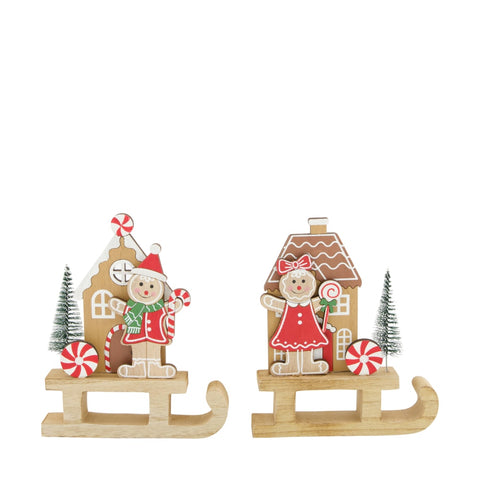 Zwei festliche holz lebkuchenmann figuren 17,5 cm mit lächelnden charakteren und zuckerstangenakzenten