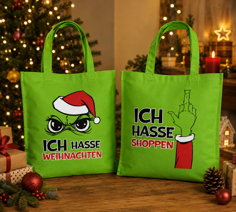 Helle grüne canvas-tasche festtags-muffel mit grinch-motiv und festlichem text und grafik