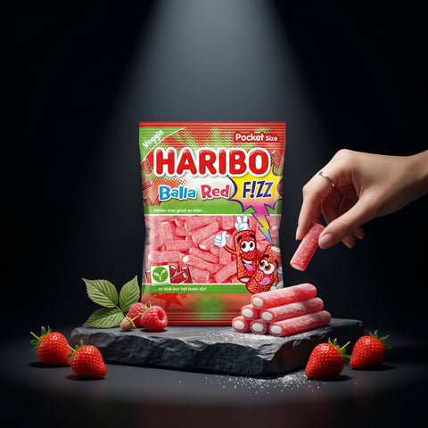 Eine lebhafte rote haribo balla red fizz bonbonpackung mit cartoonfiguren und einem pocket size label 70g