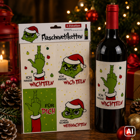 Ein festliches rotes weinflaschenetikett mit grinch-motiv und weihnachtlichen dekorationen aus dem flaschenetiketten 4er set