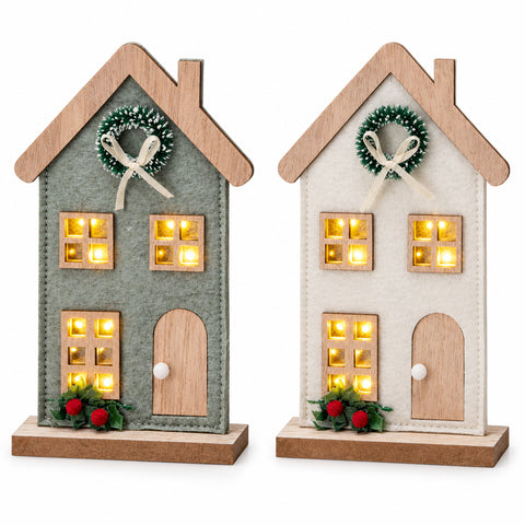 Ein batteriebetriebenes haus filz 18 cm holzdeko mit mintgrünem filz außen, hellem holz und beleuchteten fenstern
