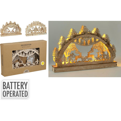 Weihnachtsszene 19cm led 2sort holzbogen mit geschnitzter wald- und hirschszene beleuchtet von warmen led-lichtern