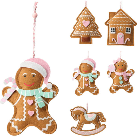 A plush gemberkoek hang deco 14cm ornament with pink and white hat mint green scarf and heart details