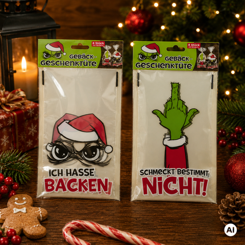 Zwei weihnachtliche gebäcktüten mit humorvollem design in rot und grün für weihnachtsbäckerei geschenke