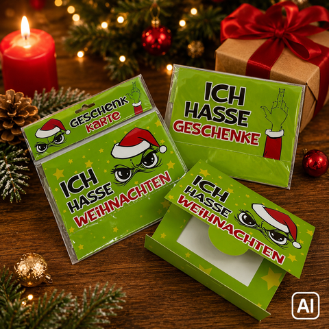 Grüne geldgeschenk geschenkkarte festtagsmuffel mit cartoon grinch in weihnachtsmütze und brille und deutschem text