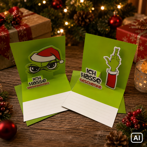 Grüne geschenkkarten 3d festtagsmuffel mit grinch in weihnachtsmütze und spruch ich hasse geschenke
