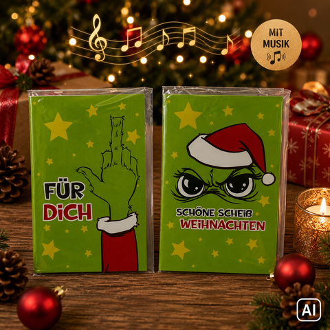 Grüne geschenkkarten mit cartoon grinch designs gelben sternen und festlichem text in klarer plastikverpackung
