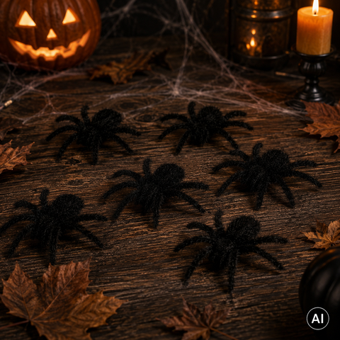 Haarige schwarze spinnen 6er set 6 cm aus samtigem material auf holzoberfläche arrangiert