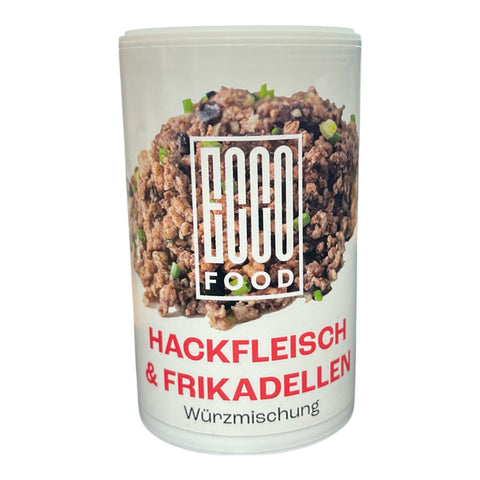 Weißer zylinderförmiger behälter von ecoo mit hackfleisch und frikadellen würzmischung 125g und bild der fleischmischung