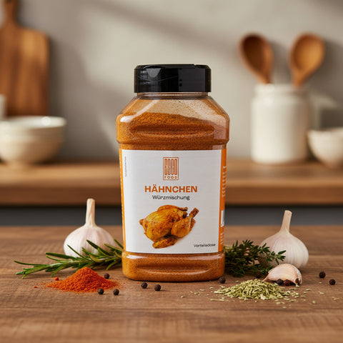 Ein klarer plastikbehälter mit schwarzem deckel enthält orange-rotes hähnchen würzmischung 800g von food