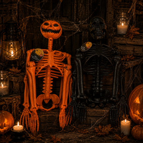 Halloween deko-skelett 21x9x90 cm mit orangefarbenem plastik-skelett mit kürbiskopf und schwarzem plastik-skelett
