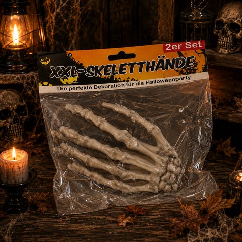 Ein 2er set xl skeletthände aus beigem kunststoff in verpackung mit orange schwarzem halloween label