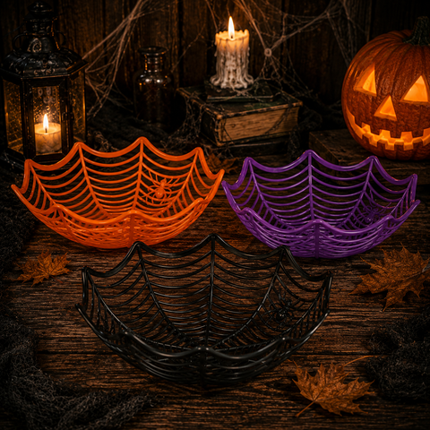 Drei halloween-spinnenschale candybowls aus plastik in orange, lila und schwarz mit detailliertem spinnennetzmuster