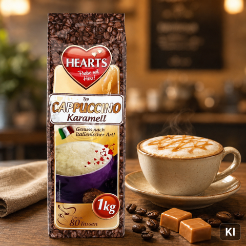 Eine 1kg packung hearts cappuccino karamell mit herzlogo und kaffeebohnenmuster auf der verpackung