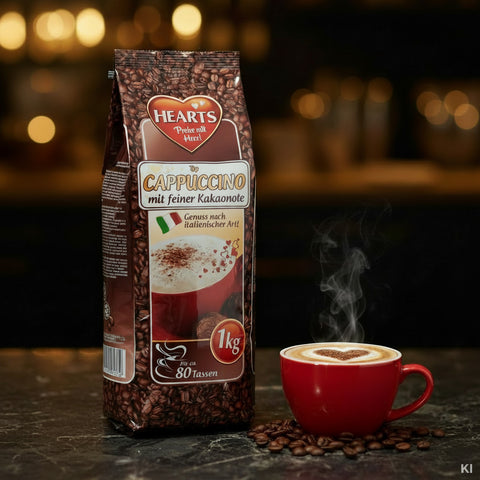 Braune glänzende plastikverpackung mit hearts cappuccino kaffebohnen 1kg herzlogo und italienischer flagge