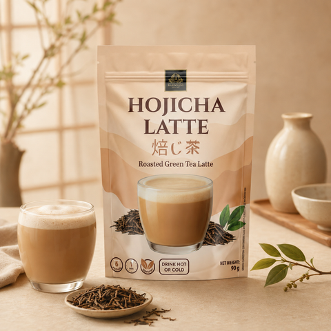 Beige pouch of barolini hojicha latte powder featuring an image of the drink and loose tea leaves for brewing