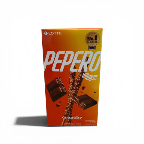 Orange und gelbe box lotte pepero crunchy schokolierte keks-sticks mit knuspriger schokolade