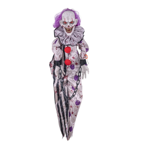 Animierter clown 110 cm halloween deko mit lila haaren, weißem gesicht, roten augen und silbernem satin kostüm