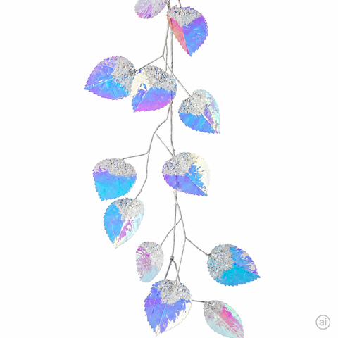 Irideszierende girlande aus blauen und violetten blättern mit silbernen glitzereffekten
