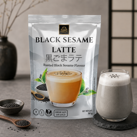 Ein eleganter silberner beutel barbullini black sesame latte getränkepulver 90 g mit japanischer typografie