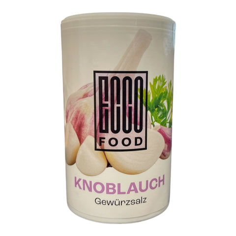 Weißes zylindrisches gefäß der marke eco food mit knoblauch und petersilie etikett knoblauch gewürzsalz 150g