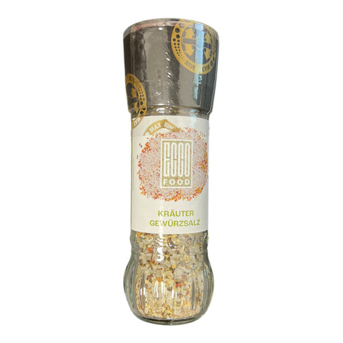 Klare glas pfeffermühle mit metallic top und food food label mit kräuter gewürzsalz im glas