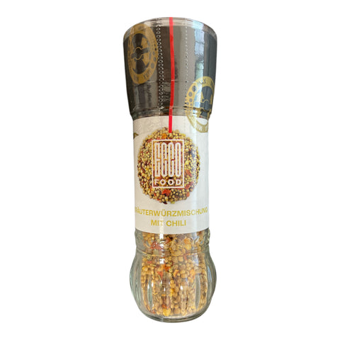 Transparenter doco food chili-mühle würzmischung 50g mit goldenen mustern und weißem etikett aus glas