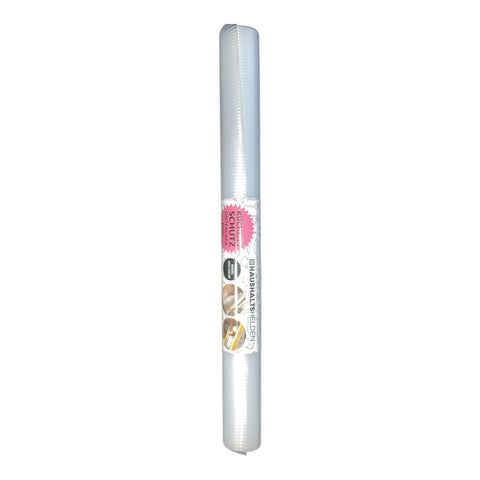 Eine rolle transparente glänzende pvc küchenschutz unterlage 45x125cm mit weißem etikett und rosa schwarzer beschriftung