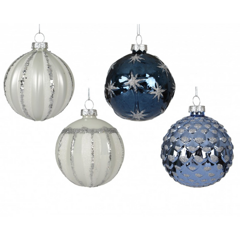 Weihnachtskugel Glas silber blau/weiß 8 cm