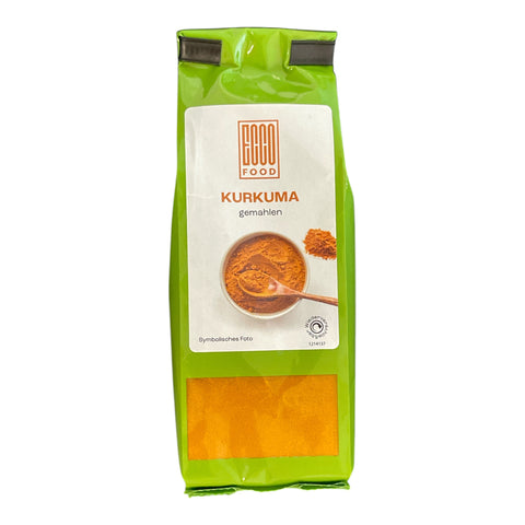 Grüne tüte mit gemahlenem kurkuma 60 g von eco food für gewürze und kochen