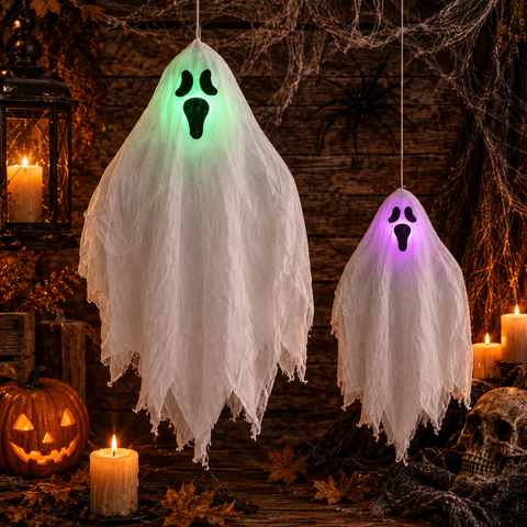 Led-geist zum hängen 50cm mit zwei leuchtenden halloween-gespenstern in grün und lila aus transparentem weißen stoff