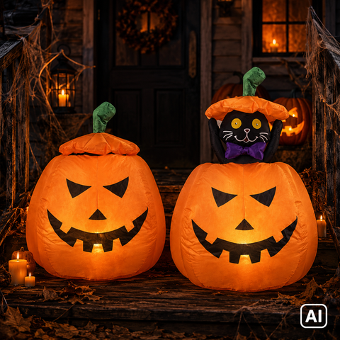 Orange aufblasbarer led-halloween-kürbis mit schwarzen dreieckigen augen und grünem stiel, 1,20 m groß