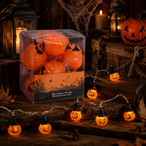 Led-lichterkette kürbis mit orangefarbenen led-kürbissen, schwarzen jack-o-lantern-gesichtern und hexenhüten