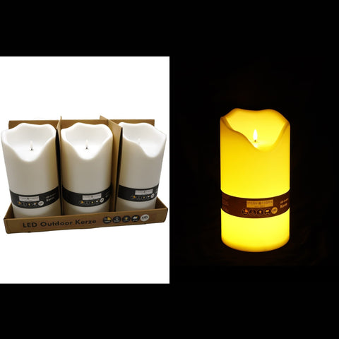 Weiße led outdoor kerze mit warmgelbem lichtschein, realistische wachsstruktur und schwarzem etikettband, 30x16x16cm