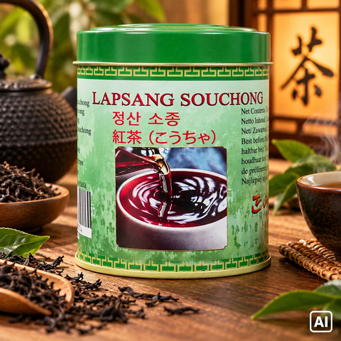 Grüne zylindrische dose lapsang souchong schwarzer tee 30g mit passendem deckel und dekorativem geometrischem rand