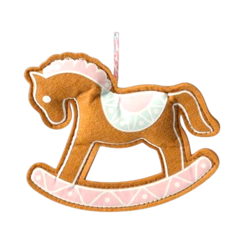 A charmantes braunes filz-schaukelpferd ornament mit rosa und weißer verzierung und hellblauem mustersattel lebkuchen deko 14 cm