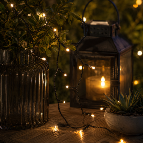 Wärmweiße led lichterkette basic 24 led mit schwarzem gedrehtem kabel über grünem und holz liegend