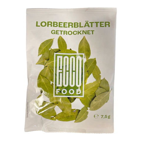 Ein weißer beutel mit getrockneten lorbeerblättern lorbeere blätter getrocknet 7,5 g mit food food logo