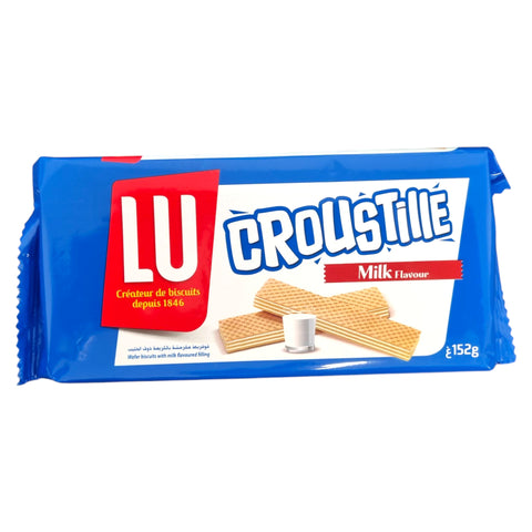 Lu croustille vanille 152g weiße und blaue verpackte wafers mit milchgeschmack und milchspritzer darüber