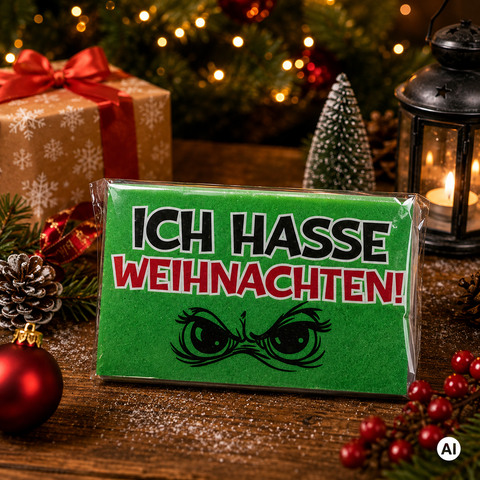 Grüner rechteckiger schokoladenriegel magischer schwamm mit deutlichem ich hasse weihnachten schriftzug und wütendem gesicht