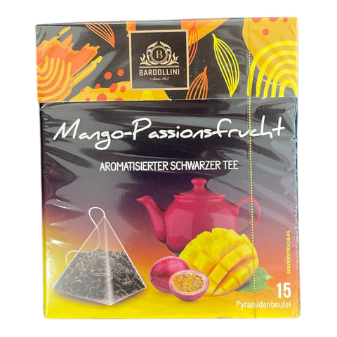 Eine lebendige gelb-schwarze box barollini mango-maracuja schwarzer tee mit dreieckigen pyramiden-teebeuteln