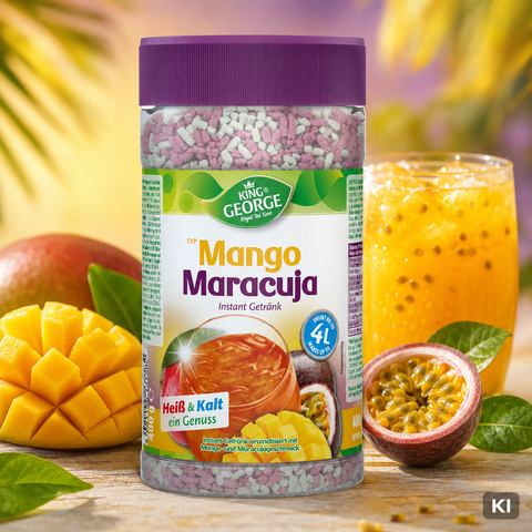 Ein klarer Kunststoffbehälter mit lila Deckel gefüllt mit rosa und weißen Granulaten von king george’s mango-maracuja instantgetränk 400 g