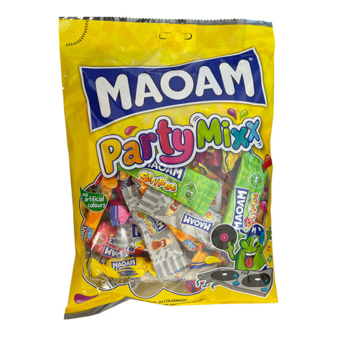 A vibrant yellow bag of maoam partymix 325g candy bursting with colorful wrappers and confetti